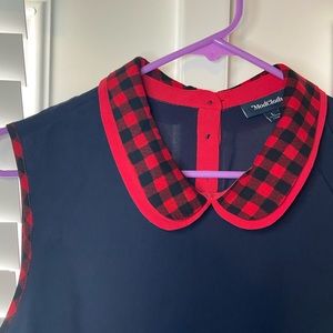 ModCloth navy and red buffalo plaid Peter Pan collar shirt. Size large.